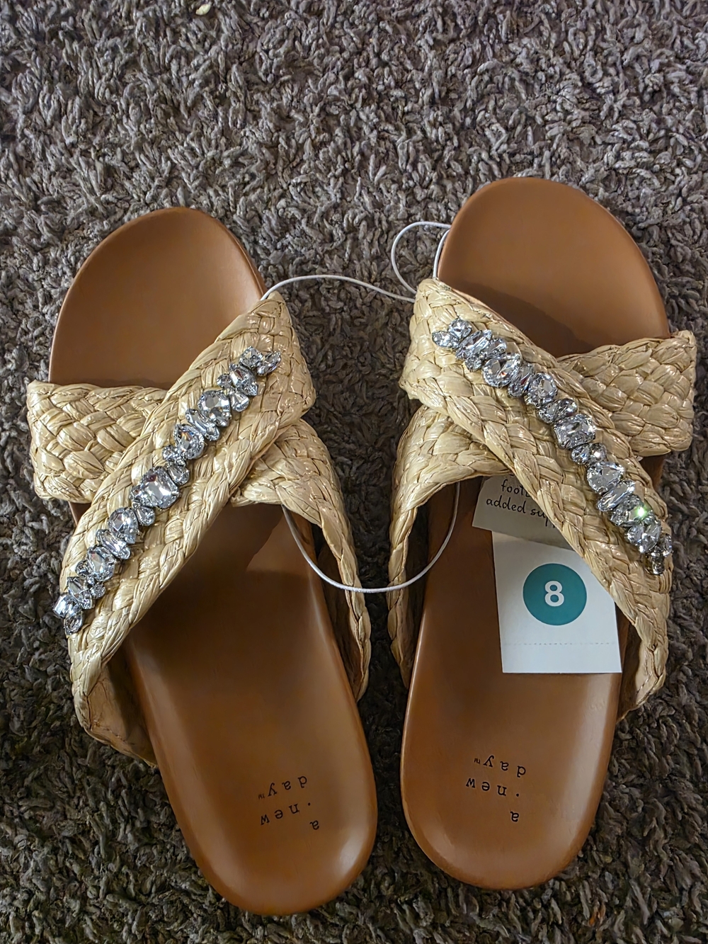 a new day Tan Woven Slide Sandals with Crystal Embellishment